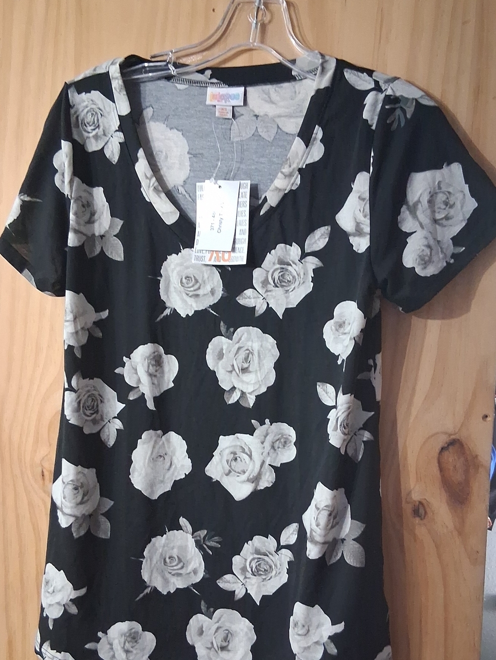 LuLaRoe Black and White Rose V-Neck Short Sleeve Tee